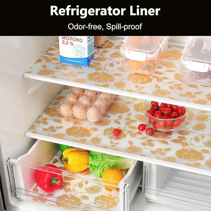 INNOLITES Shelf Liner for Cabinets, Non-Adhesive for Kitchen Drawer Liner, Waterproof Shelf Paper with Floral Pattern, Durable Easy to Clean (Golden Rose, 11.8" x 360")