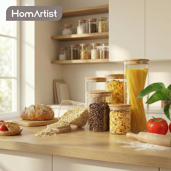 Glass Jars with Bamboo Lids [Muti Size Set of 5], Glass Canisters with Airtight Lids, Glass Food Storage Containers for Pasta, Oats, Coffee, Flour, Sugar, Rice, Best for Kitchen & Pantry