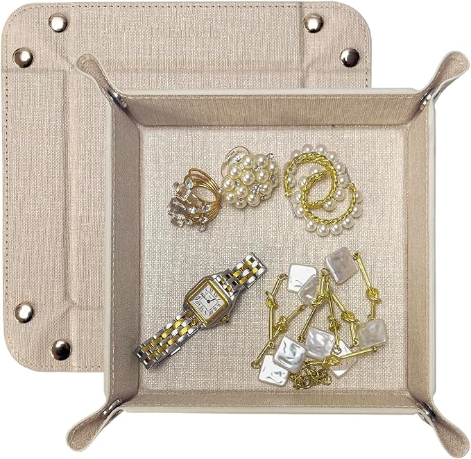 UnionBasic Small Valet Tray, Jewelry Tray for Rings Watches Earrings, Entryway Catchall Caddy for Coins Keys Change, Nightstand Bedside Valet Holder, Trays for Electronic Gadgets, Beige