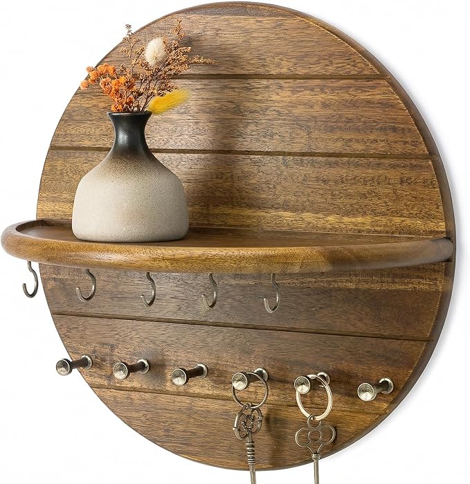 Rebee Vision Round Acacia Wood Key Holder Wall Mount for Home Decor - Decorative Key Holder for Wall with Entryway Shelf & 11 Hooks - Ideal for Living Room & Apartment Decor (Acacia Wood)