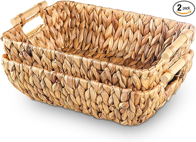 Woven Storage Baskets â Set of 2 Handwoven Water Hyacinth Wicker Baskets with Wooden Handles for Organizing, Decorative Baskets for Laundry Room, Home Decor - 2 Medium