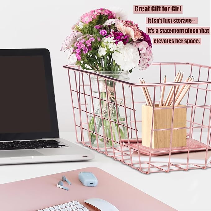 Metal Wire Storage Basket with Handles for Kitchen Food Pantry Papers Home Office Desk, Bathroom Laundry Room Storage, Bedroom Bed Room Organizer, Rose Gold,3PCS