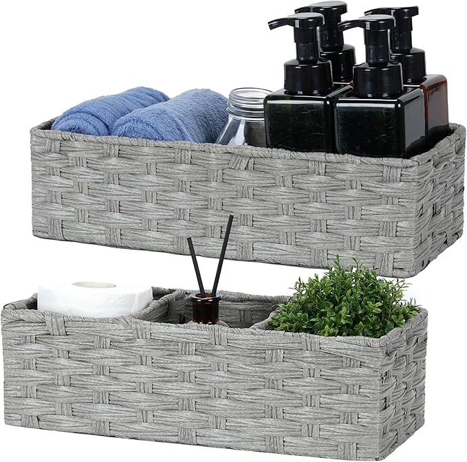 Bidtakay Narrow Wicker Bins for Organizing 2-Pack Decorative Baskets for Washroom Waterproof Imitation Small Wicker Storage Baskets for Shlef Closet Bedroom Entryway Office Desk Light Grey