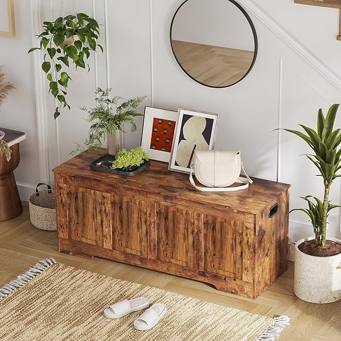 DINZI LVJ Storage Chest, 47.2âWooden Storage Box with 2 Safety Hinges, Entryway Shoe Bench with Flip-Top, Large Trunk for Living Room, Bedroom, Easy Assembly, Rustic Brown