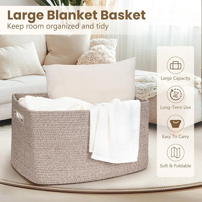 95L Large Blanket Basket, Woven Storage Baskets with Reinforced Handles, Rope Laundry Basket for Living Room, Bedroom, Nursery, Toys, Clothes,Pillows, 24â x 17â x 13.5â, Brown