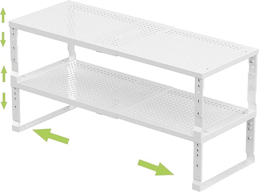 Expandable Adjustable Stackable Kitchen Organizer, Spice Rack,Metal Pantry Storage Shelves Racks,Counter Shelf for Cabinets, Countertop, Cupboard (2 Packs/Medium/White)