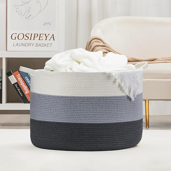 XXXLarge Woven Cotton Rope Basket (21.7" x 13.8") 90L – Blanket Basket for Living Room, Laundry Hamper, Baby Laundry Hamper, Toy Storage, Pillows & Cushions Organizer (White & Blue)