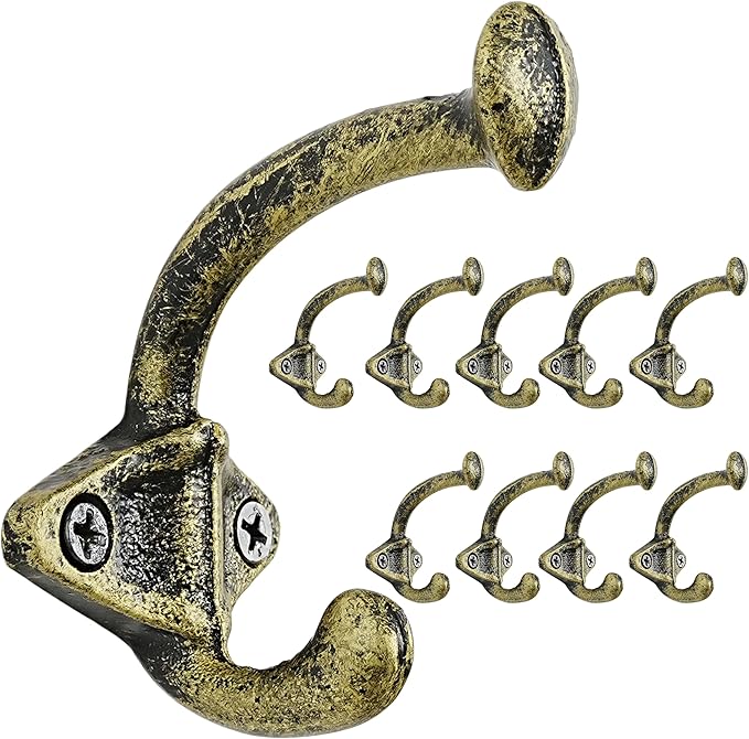 Dseap Cast Iron Wall Hooks, Heavy Duty Coat Hooks, Rustic Vintage Farmhouse Hook for Hanging Winter Coats Jackets Towels Hats Bags Plants, Antique Black& Gold, Pack of 10 (ShldCast)