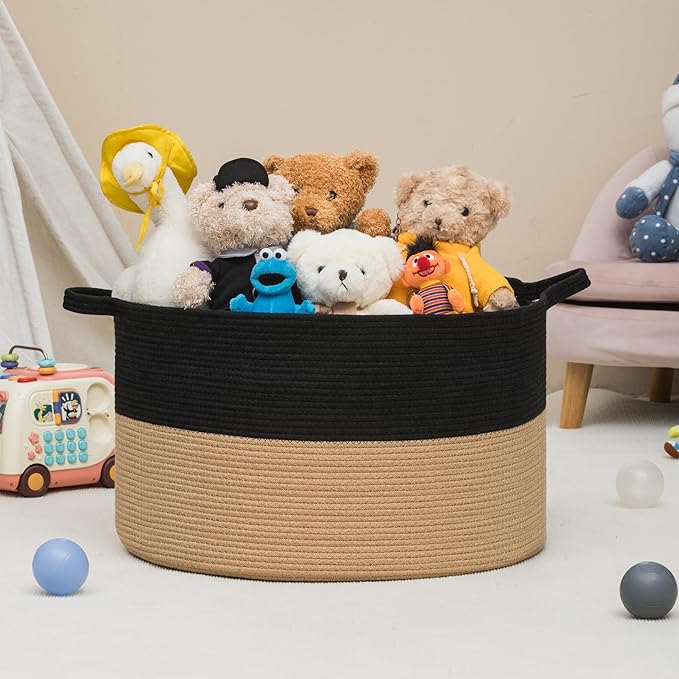 XXXLarge Woven Cotton Rope Basket (21.7" x 13.8") – Blanket Basket for Living Room, Laundry Hamper, Baby Laundry Hamper, Toy Storage, Pillows & Cushions Organizer (Black&Brown)