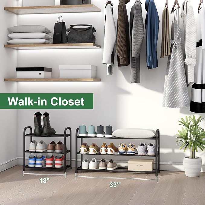 Shoe Rack for Closet, 3-Tier Expandable Shoe Organizer, Metal Adjustable Black Shoe Shelf Storage Organizer, Free Standing Shoe Rack for Entryway Closet Doorway