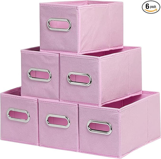Narrow Storage Baskets for Shelves – Fabric Closet Organizers and Collapsible Storage Bins with Metal Handles – Space-Saving Baskets for Clothes, Towels, 5.9 x 11.8 x 5.9 inch (Pink)