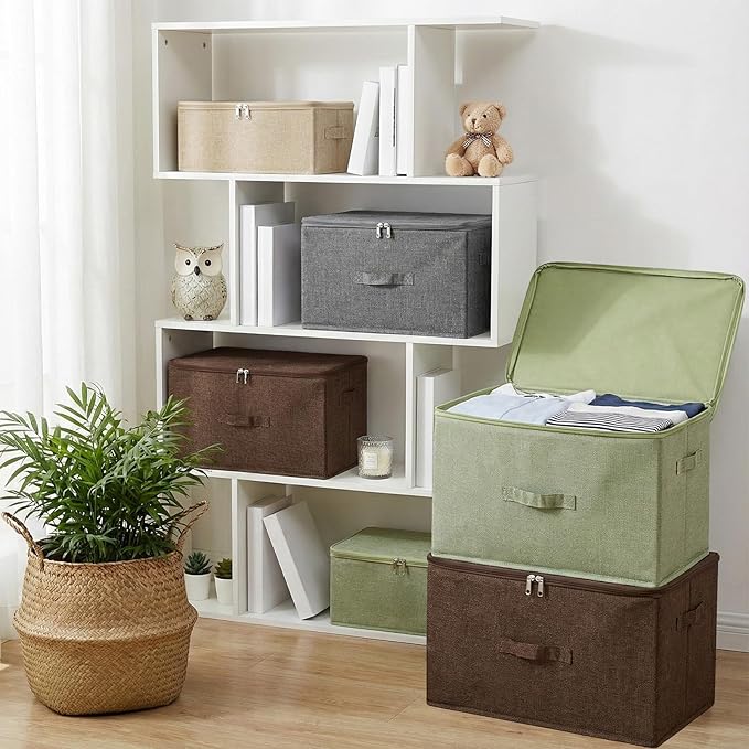 ANMINY 3PCS Storage Bins with Zipper Lids 13 Qt Lidded Fabric Storage Boxes Baskets Cubes with Handles Collapsible Washable Cotton Linen Closet Shelf Clothes Organizer Containers - Green, Small