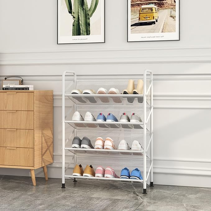 4 Tier Shoe Rack for Closet Mesh Fabric Metal Shoe Racks, Small Shoe Storage Organizer Shelf for Entryway, Hallway, Dorm Room (White, Wider 4 Tier)