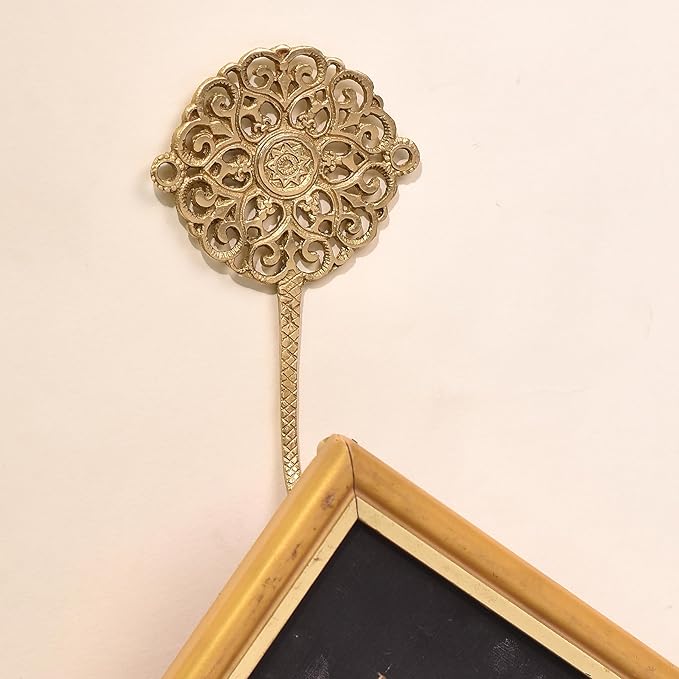 Indian Shelf Pack of 3 Handcrafted Brass Filigree Heavy Duty Decorative Vintage Key Holder, Key Wall Hooks for Hanging Coats, Jackets, Leash, Hat, Towel, Backpack, Purse, Handbag Wall Holders[Golden]