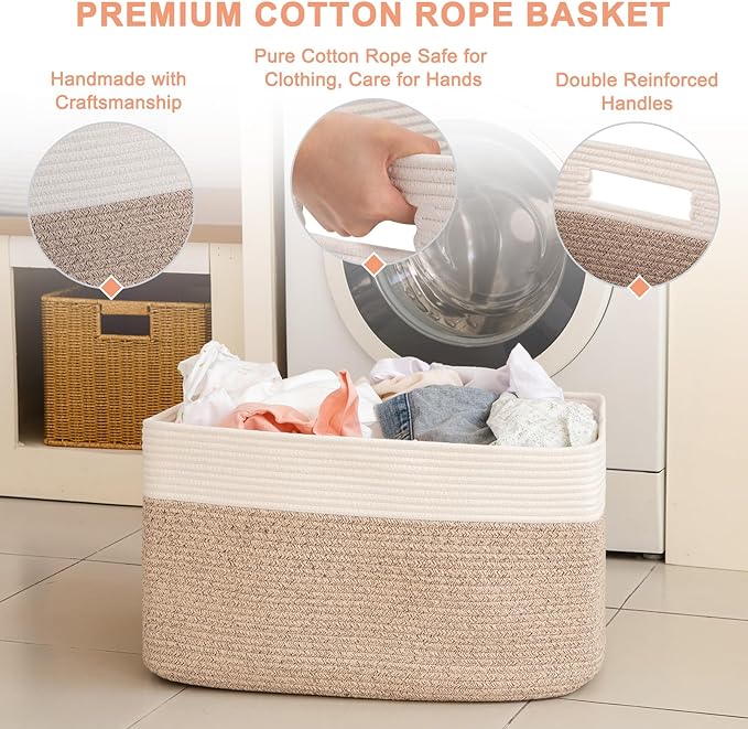 75L Large Blanket Basket, Toy Basket Bin for Kids, Cotton Rope Woven Storage Basket for Living Room, Nursery, Baby Room Decorative Organizer, 22''×17''×12'', Brown and White