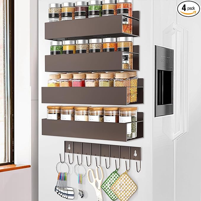 Magnetic Spice Rack Organizer for Fridge Seasoning Organizer for Kitchen storage with Screw Magnetic Shelf with Hook for Refrigerator and Oven (4pack1hook-Bronze)