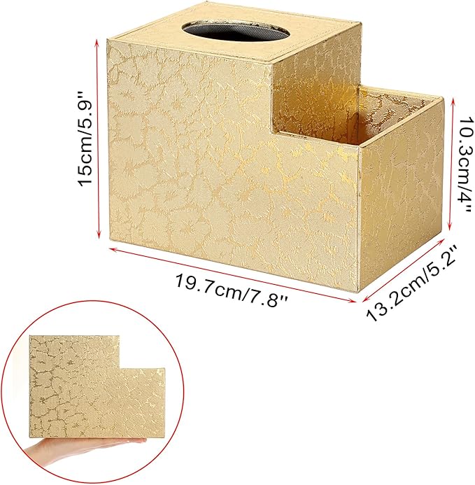 Sumnacon Square Leather Tissue Box Cover - PU Cube Tissue Box Holder with Side Organizer, Decorative Tissue Box for Living Room Vanity Night Stand Desk Countertop Office, Gold