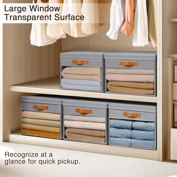 Large Storage Bins with Lids - 4 Pack Foldable Decorative Organizers with Clear Windows & Handles, Cube Storage Organizers for Clothes, Blankets, Sweaters, Sheets, Grey