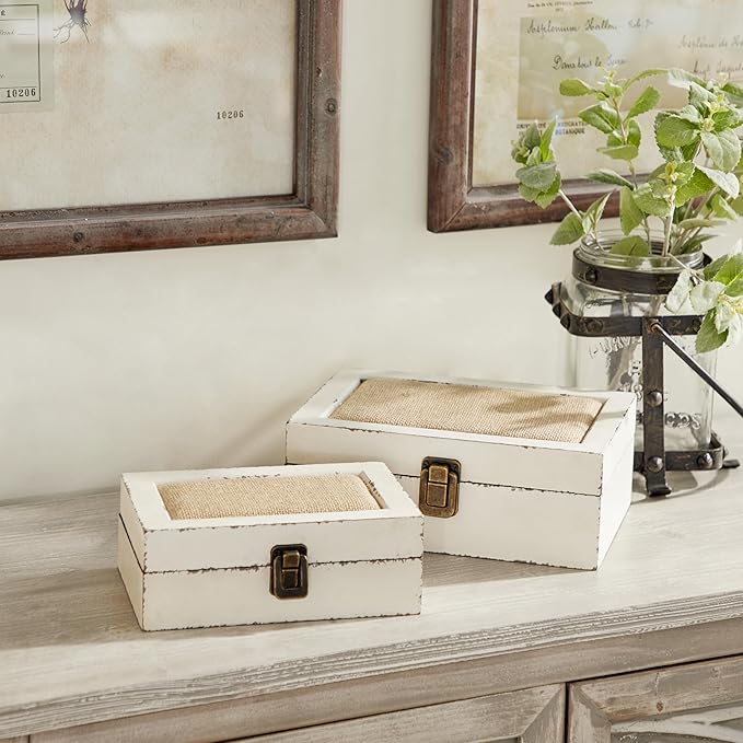 Deco 79 Wooden Decorative Box Decorative Keepsake Boxes with Hinged Lid, Set of 2 Storage Boxes 10", 8"W, White