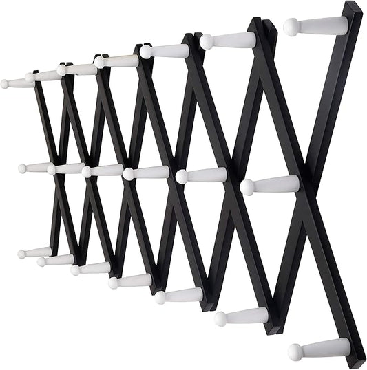 Dseap Accordian Wall Hanger: 16” High Wooden Wall Expandable Coat Rack, Hat Rack Holder, Accordion Hook for Baseball Caps, Coats, Mugs, 20 Peg Hooks, Black & White