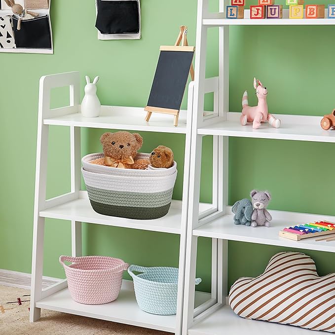 Sawysine 6 Pcs Storage Baskets Bulk for Organizing Cotton Rope Woven Basket with Handles for Gift Cloth Shelves Blanket Toys Living Room Bathroom(Green and White)