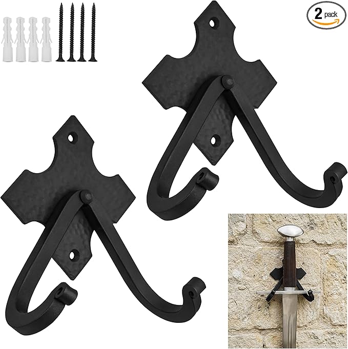 Mystic Colonial Rustic Cast Iron Wall Hooks, Heavy Duty Retro Utility Hooks for Hanging Coat, Bag, Towel, Robe, Hat and More, Mounting Hardware Included, Pack of 2, Black
