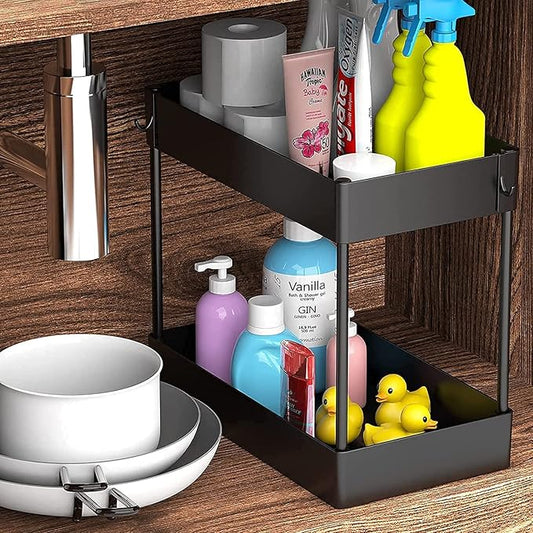 Under Sink Organizer, Under Bathroom Sink Storage 2 Tier Organizer Bath Collection Baskets with Hooks, Under Sink Shelf Organizer Rack, Multi-purpose Under Sink Storage for Bathroom Kitch(Color:Black)