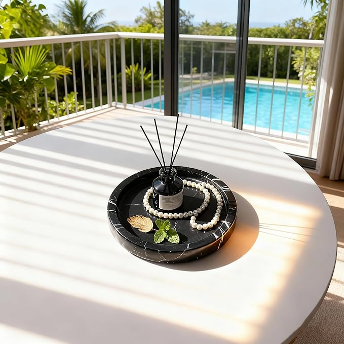 Natural Marble Tray for Rings and Jewelry Dish, 5.91 inch Round Decorative Tray for Kitchen, Vanity, Bathroom,Dressing Table, Bedside Table, Home Decor, Black (NS028)