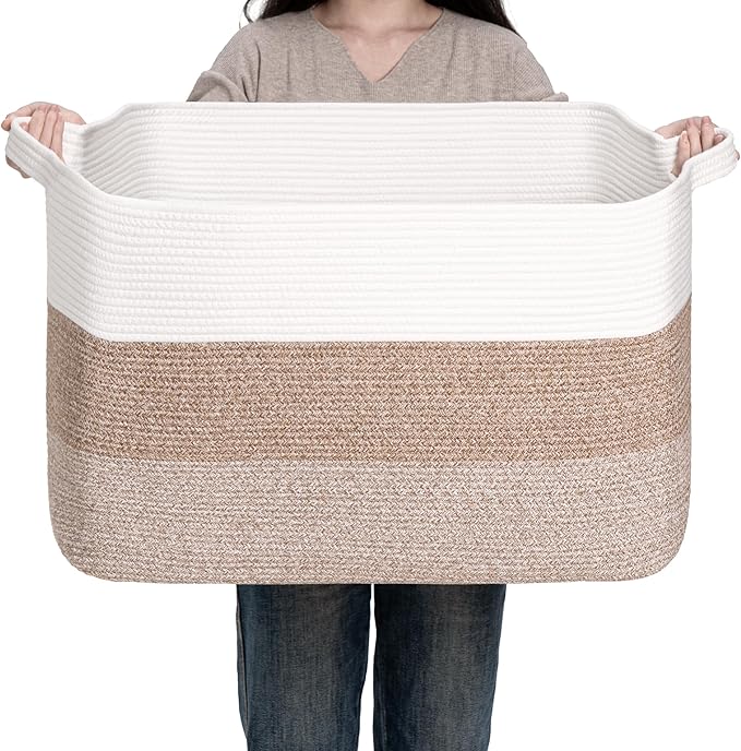 CLHMILY&Z Stylish Square Cotton Rope Storage Basket (Brown & White, 110L)