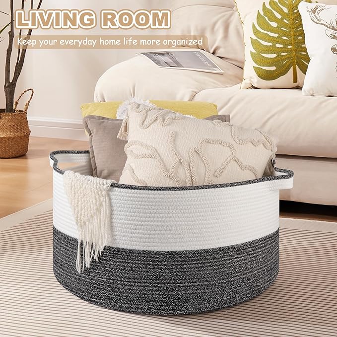 Large Blanket Basket with Handles, 22.8" x 22.8" x 13" Woven Storage Basket for Living Room, Cotton Rope Baby Toy Storage for Clothes, Pillows, Towels-Black & White