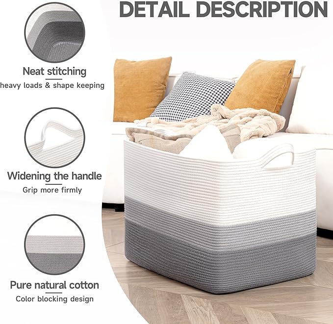 CLHMILY&Z Stylish Square Cotton Rope Storage Basket (Grey & White, 110L)