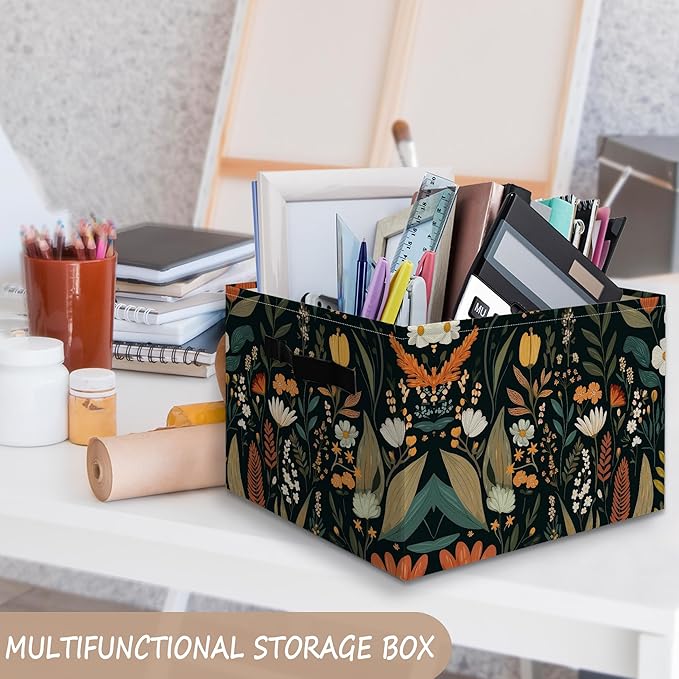 Boho Moody Wildflower Basket Foldable Storage Bins Box with Handles, Vintage Art Deco Maximalist Floral Botanical Collapsible Organizer Basket for Bedroom Bathroom Clothes Toys Books