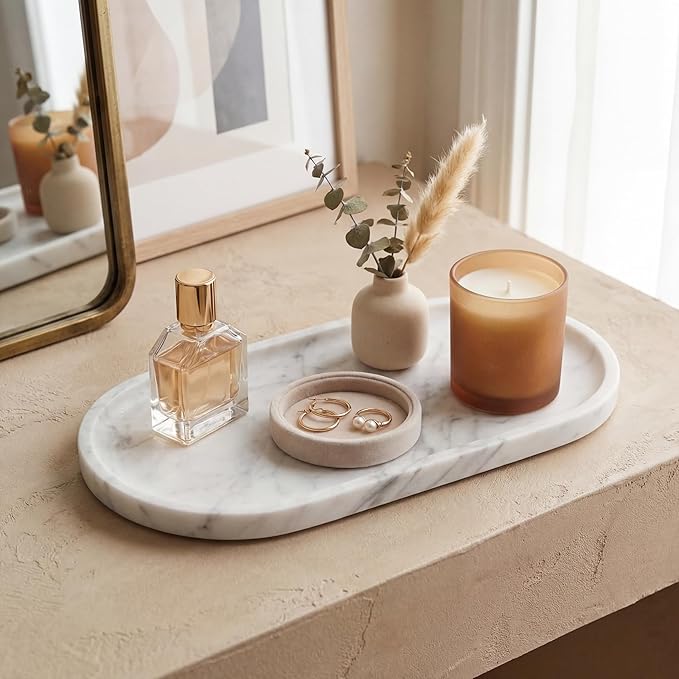 YKAJO 11.6" x 5.9" Oval Real Marble Tray for Bathroom & Kitchen Counter â 100% Natural Stone Decorative Vanity Tray for Dresser & Perfume â Heavy Catchall Organizer for Soap & Jewelry, White Gray