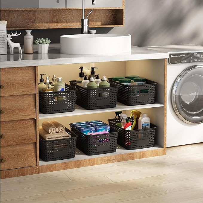 Plastic Storage Basket with Lids 10 Pack Stackable Black Storage Bins Containers with Lid, Decorative Storage Boxes for Organizing Shelves, Drawers, Playroom, Classroom, Office, Closet