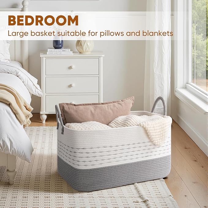 Large Blanket Basket for Living Room, 75L Woven Storage Baskets for Organizing, Rectangle Cotton Rope Toy Basket With Handles-Grey & White
