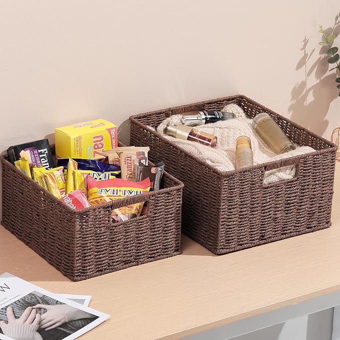HOONEX Large Woven Storage Baskets, Paper Rope With Sturdy Metal Wire Frame, for Shelves, Set of 2, Dark Brown