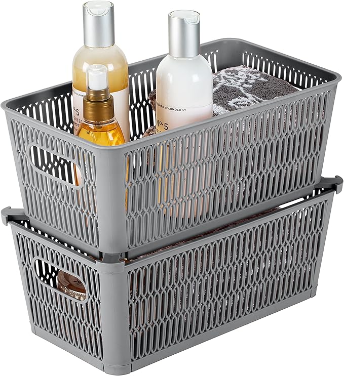 Simplify 4Pk Small Slide 2 Stack It Tote Basket | Storage & Organization | Open Bins with Stackable Capability | Bathroom | Crafts | Pantry | Playroom | Office | Grey