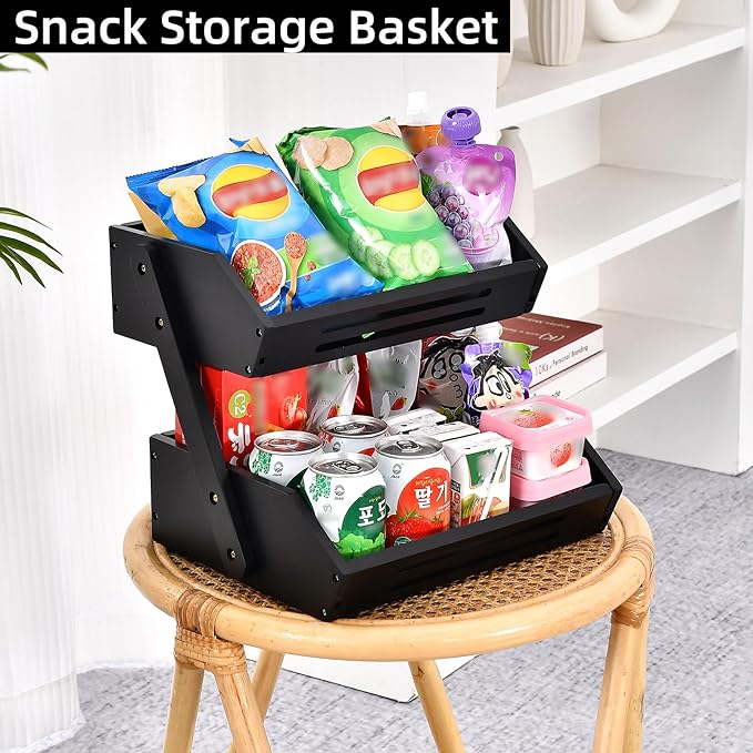 Bamboo Fruit Basket, 2 Tier Fruit Bowl for Kitchen, Fruit Stand Holder for Fruit and Vegetables Storage, Idea Home Kitchen Countertop Organizer