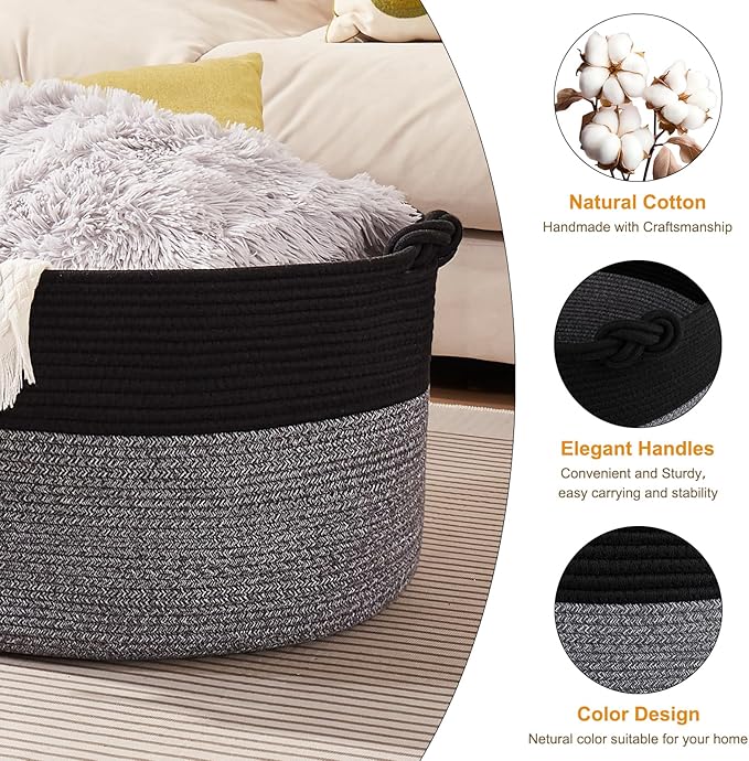 Large Blanket Storage Basket for Living Room, 22.8" x 22.8" x 13" Woven Cotton Rope Basket with Handles, Baby Toy Storage, Laundry Hamper for Clothes, Pillows, Towels-Black and Grey