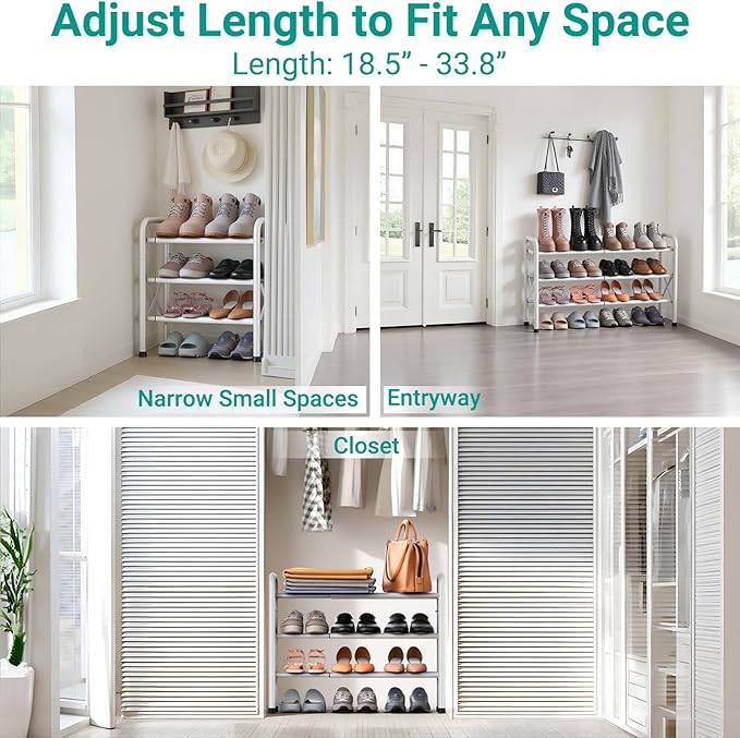 3-Tier Expandable Shoe Rack for Closet Floor, X-Frame Metal Small Shoe Rack for Entryway, Adjustable Shoe Shelf Organizer, Free Standing Shoe Racks for Front Door Entrance, Garage - White