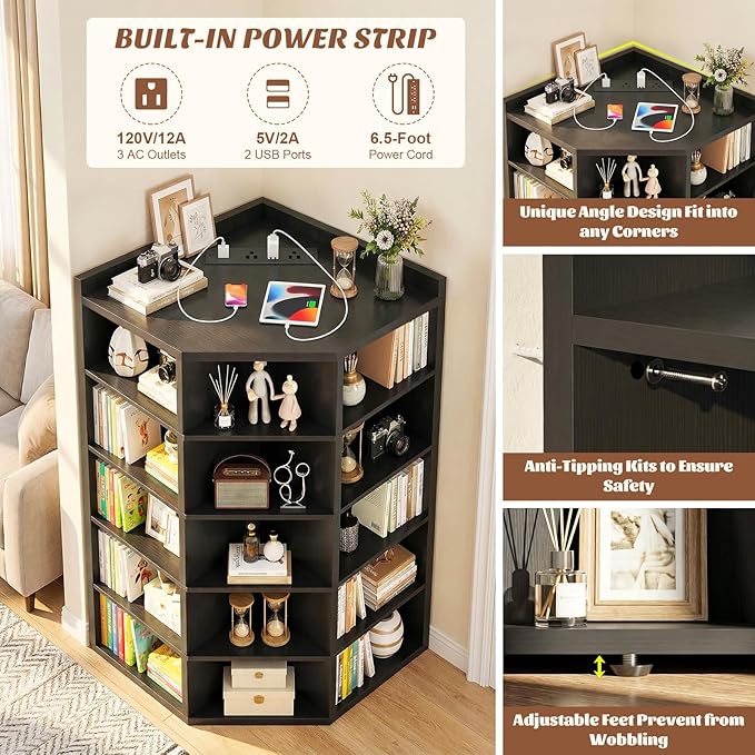 Aheaplus Corner Cabinet, 6-Tier Corner Bookshelf with Power Outlets, Corner Cube Storage Shelf with Top Table, Wooden L Cubby Toy Storage with 15 Cubes for Home Office, Bedroom, Living Room, Black