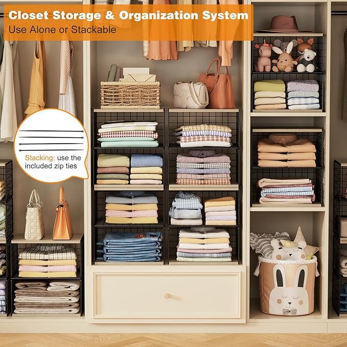 Extra-Long, Low-Profile Closet Organizers and Storage with Wood Top, 4 Tier Stackable Closet Shelf Organizer, Space-Saving Clothes Storage Bin for Wardrobe & Small Spaces, Sturdy(2 Pack Black)
