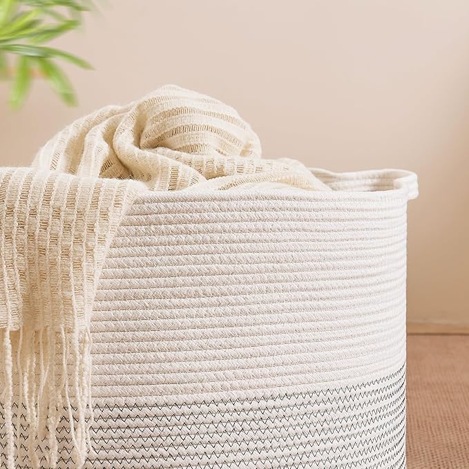 CLHMILY&Z Large Woven Storage Basket - 22x14.2 Inches - Modern Nursery Bin, Round Baby Toy Organizer, Soft Cotton Hamper for Home Decor, Multi-Purpose Home Tidy Solution