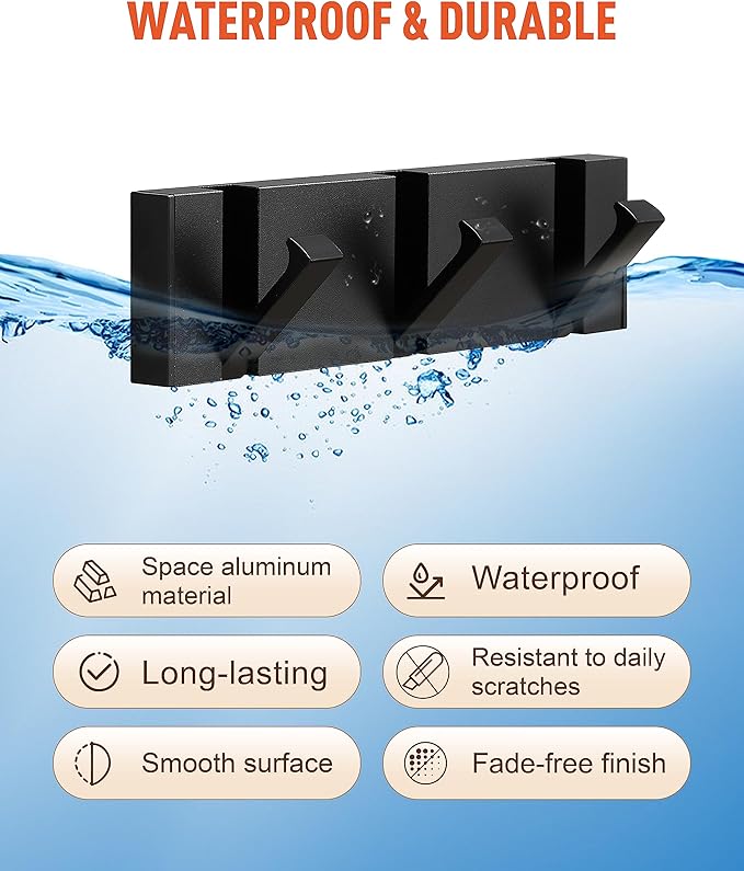 Black Waterproof Wall Hooks - 2 Pack, Foldable Towel Hooks for Bathrooms, Coat Hooks Wall Mounted - Versatile Hooks for Bathroom, Kitchen, Balcony Décor