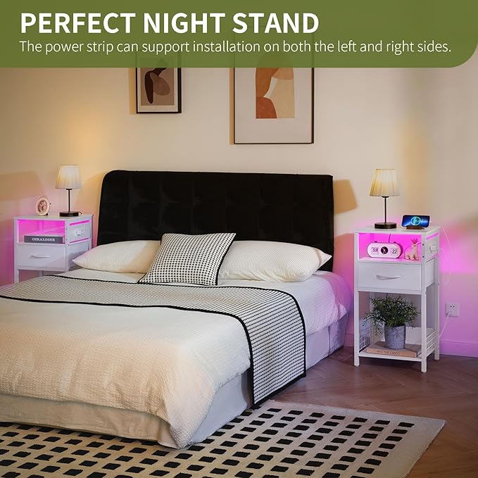 Yoobure Record Player Stand with Storage - End Table with Charging Station & LED Lights, Vinyl Record Storage Holds Up to 100 Albums, Nightstand with Drawer for Living Room Bedroom, White