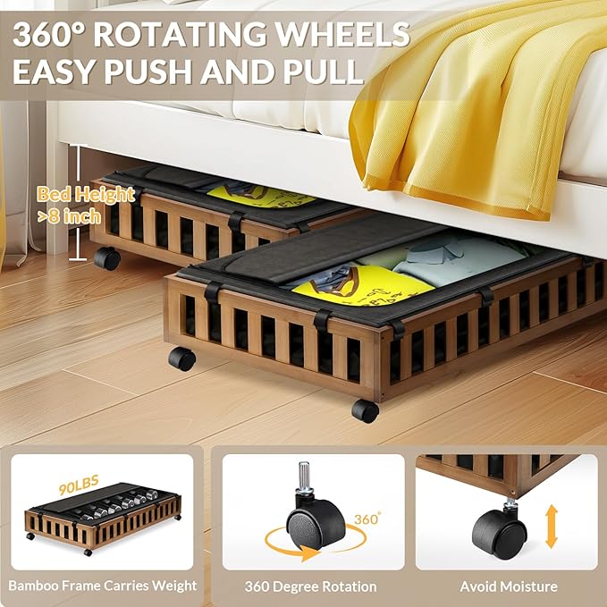 2 Pack Bamboo Under Bed Storage with Wheels, 39âx20âx7.8â Lager Under Bed Storage Containers (Brown)