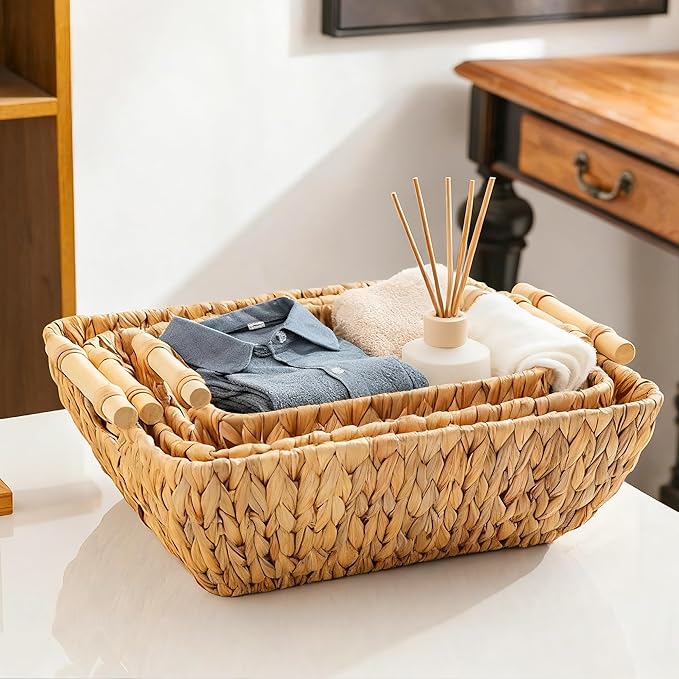 Woven Storage Baskets â Set of 3 Handwoven Water Hyacinth Wicker Baskets with Wooden Handles for Organizing, Decorative Baskets for Laundry Room, Home Decor - Large, Medium & Small