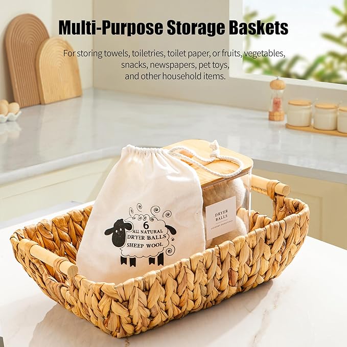 Woven Storage Baskets â Set of 2 Handwoven Water Hyacinth Wicker Baskets with Wooden Handles for Organizing, Decorative Baskets for Laundry Room, Home Decor - Large & Medium