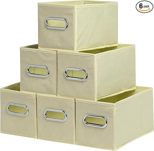 Narrow Storage Baskets for Shelves – Fabric Closet Organizers and Collapsible Storage Bins with Metal Handles – Space-Saving Baskets for Clothes, Towels, 5.9 x 11.8 x 5.9 inch (Beige)