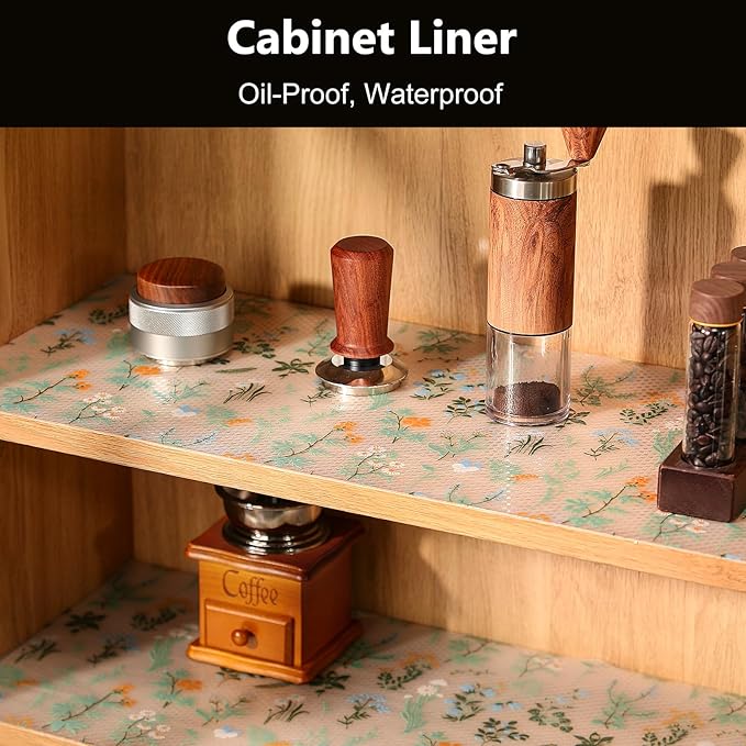 INNOLITES Shelf Liners for Kitchen Cabinets – Drawer Liner Waterproof & Oil-Proof, Non-Adhesive EVA with Floral Pattern – Durable Washable, Easy to Cut (Sage Green, 11.8" x 360")
